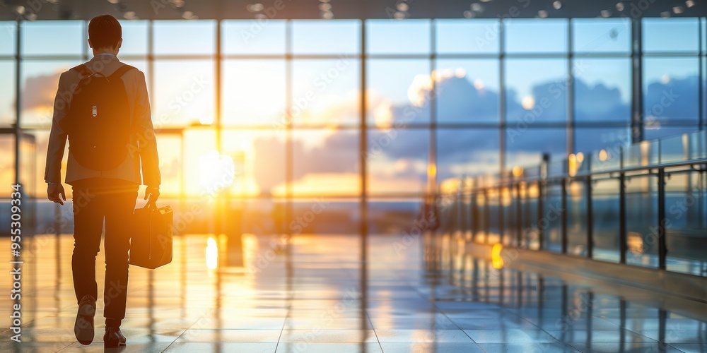 A person with a backpack and a suitcase walking through a sunlit, glass-paneled airport terminal during sunrise, creating a vibrant travel scene A person with a backpack and a suitcase walking through a sunlit, glass-paneled airport terminal during sunrise, creating a vibrant travel scene