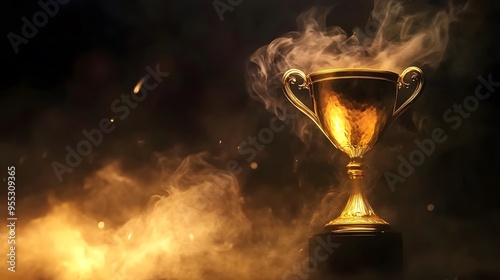 Smoking Golden Trophy Highlighting Business Achievement, A Masterpiece of Photography on Dark Background