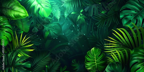Enchanted tropical jungle with lush green foliage and mystical glimmers