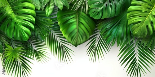 Tropical greenery with lush monstera and palm leaves background