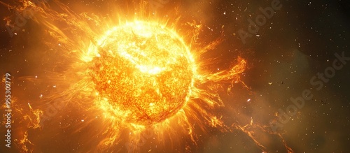 3D illustration of a cartoon rendering of the sun in outer space showcasing artistic concepts with powerful flares star protuberances and erupting magnetic storms and plasma flashes on the solar su photo