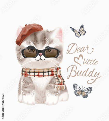 little buddy slogan with cute kitten in sunglasses and butterflies vector illustration