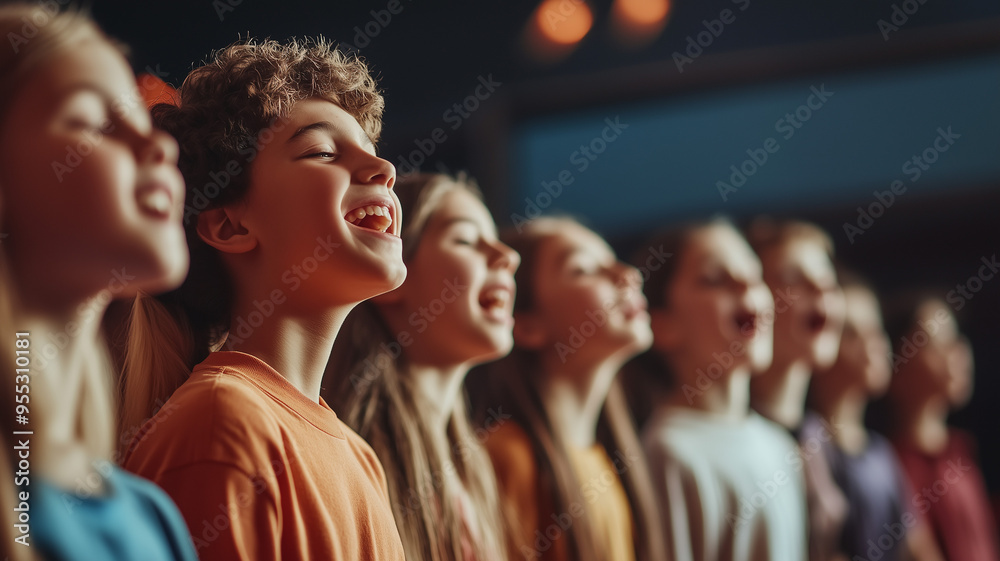 Close-up of a group of students singing passionately in a school choir concert, with an energetic music teacher directing from the front of the stage. Ai generated Close-up of a group of students singing passionately in a school choir concert, with an energetic music teacher directing from the front of the stage. Ai generated