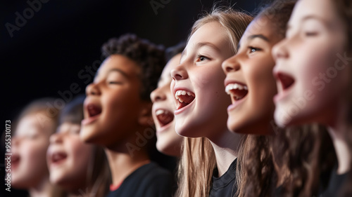 Close-up of a group of students singing passionately in a school choir concert, with an energetic music teacher directing from the front of the stage. Ai generated