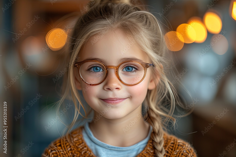 Child girl wearing glasses and a sweater is smiling. The image has a warm and friendly mood Child girl wearing glasses and a sweater is smiling. The image has a warm and friendly mood