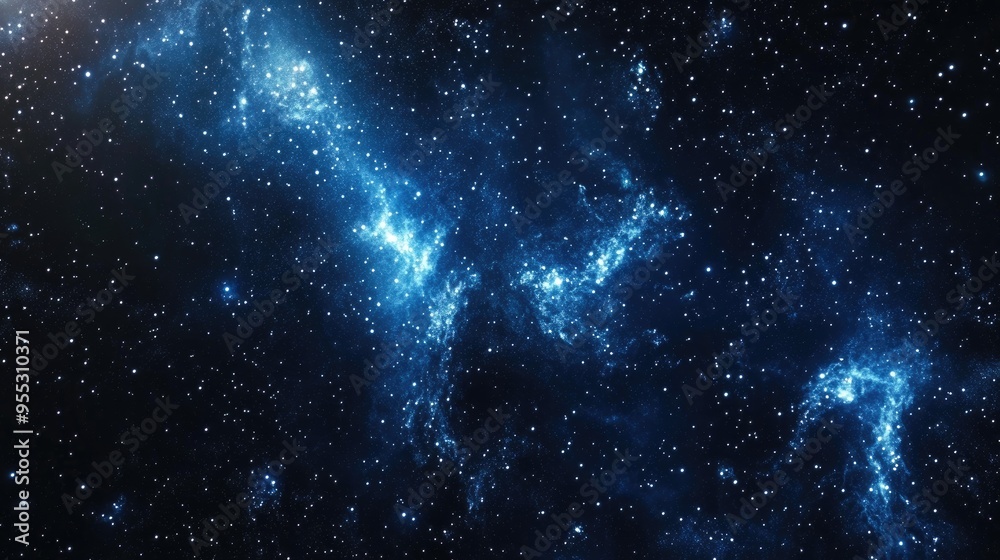 Dark interstellar space depicted in a 3D cartoon rendering Stars illuminate the deep space alongside a blue cold nebula in the dark night sky Dark interstellar space depicted in a 3D cartoon rendering Stars illuminate the deep space alongside a blue cold nebula in the dark night sky