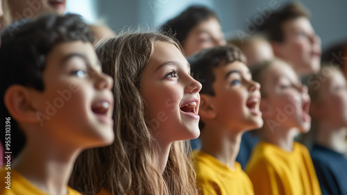 Close-up of a group of students singing passionately in a school choir concert, with an energetic music teacher directing from the front of the stage. Ai generated