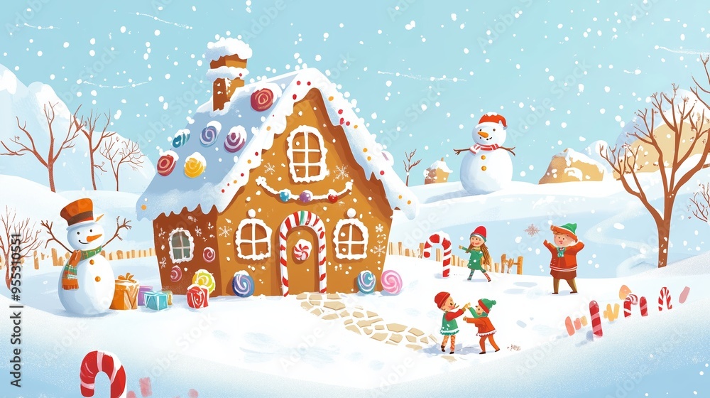 A cozy gingerbread house surrounded by snowmen and cheerful children enjoying winter festivities in a whimsical holiday landscape A cozy gingerbread house surrounded by snowmen and cheerful children enjoying winter festivities in a whimsical holiday landscape