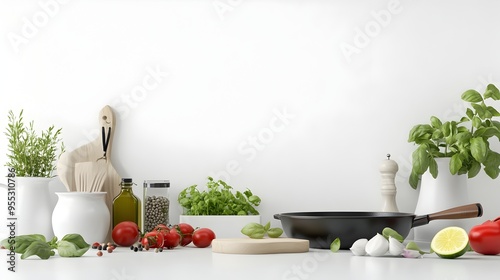 Elegant Culinary Scene with Kitchen Essentials and Fresh Produce on Pristine White Background