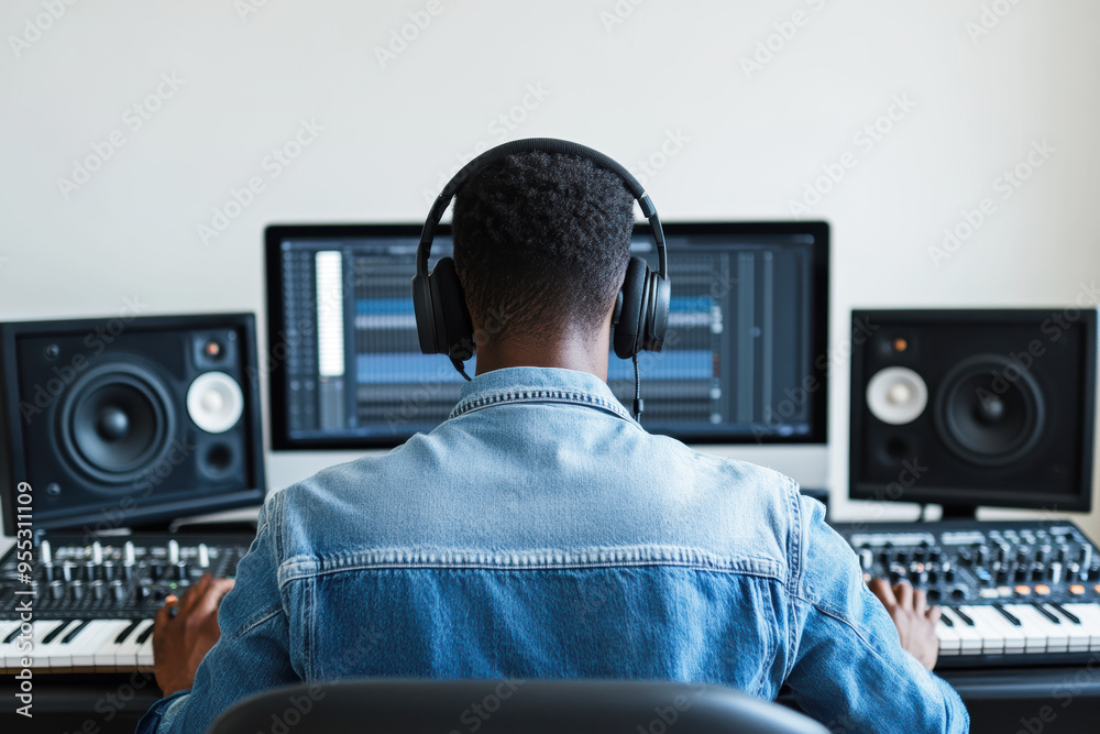 Musician in headphones sitting at his workplace and playing on synthesizer to record song. Musician in headphones sitting at his workplace and playing on synthesizer to record song.