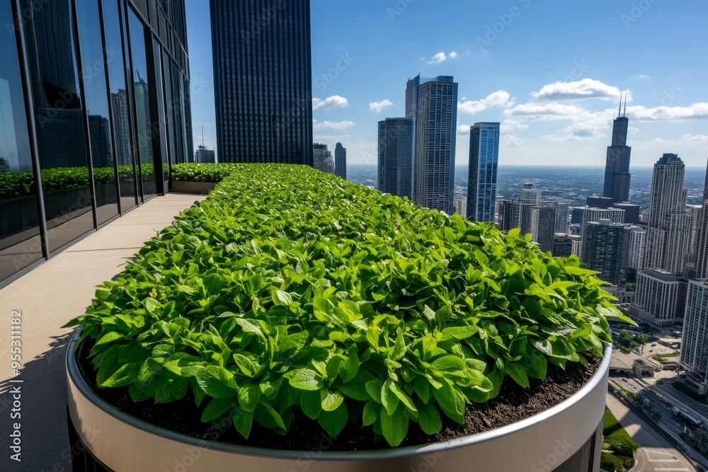 View of Greenhouse gas reduction, green roofs, urban greening absorb carbon ...