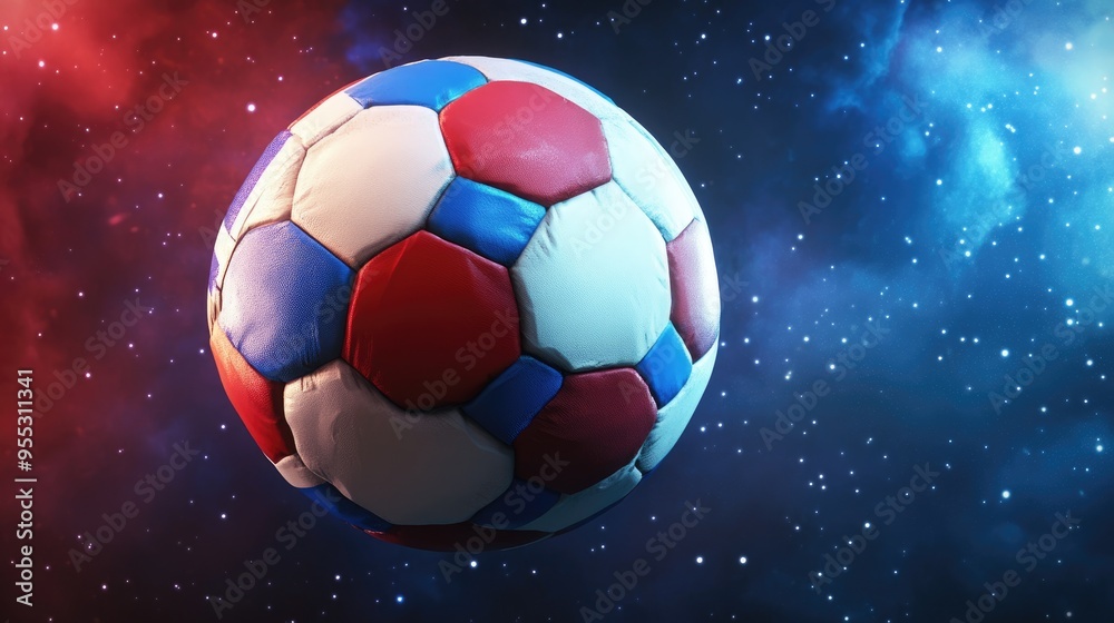Naklejka premium 3D cartoon illustration of a soccer ball featuring a team flag against a space backdrop designed for a banner