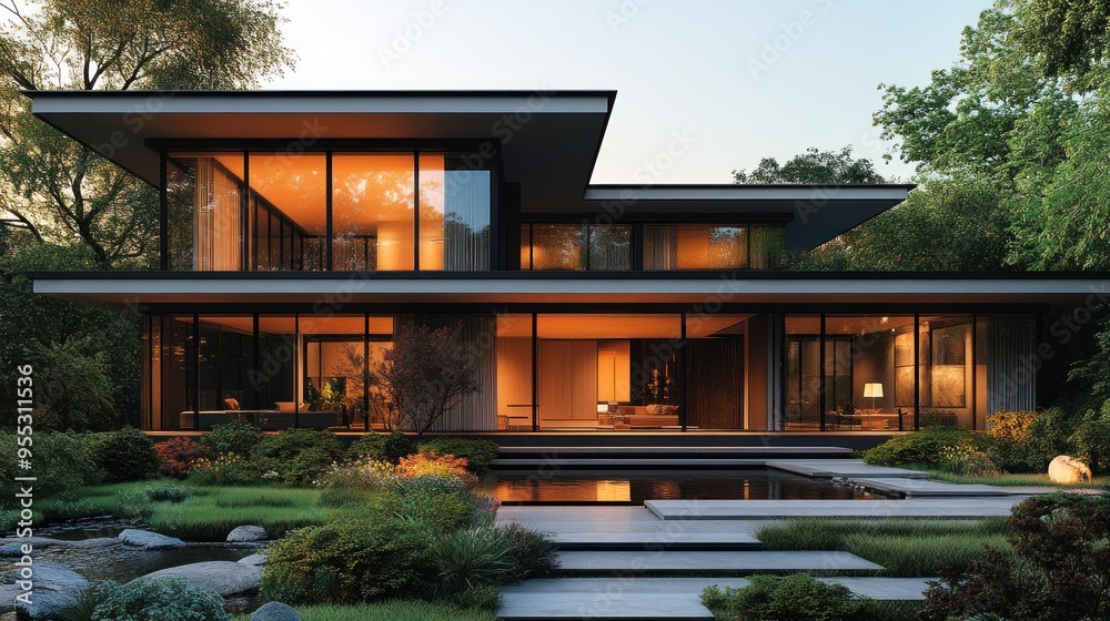 Modern house with large windows surrounded by lush greenery. Modern house with large windows surrounded by lush greenery.