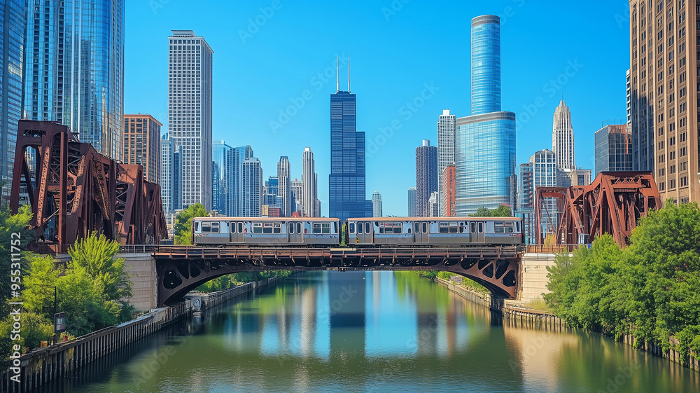 The view of a train passing over a bridge in Chicago during a clear day, with the city’s high-rise buildings and river creating a vibrant and lively urban scene. Ai generated The view of a train passing over a bridge in Chicago during a clear day, with the city’s high-rise buildings and river creating a vibrant and lively urban scene. Ai generated