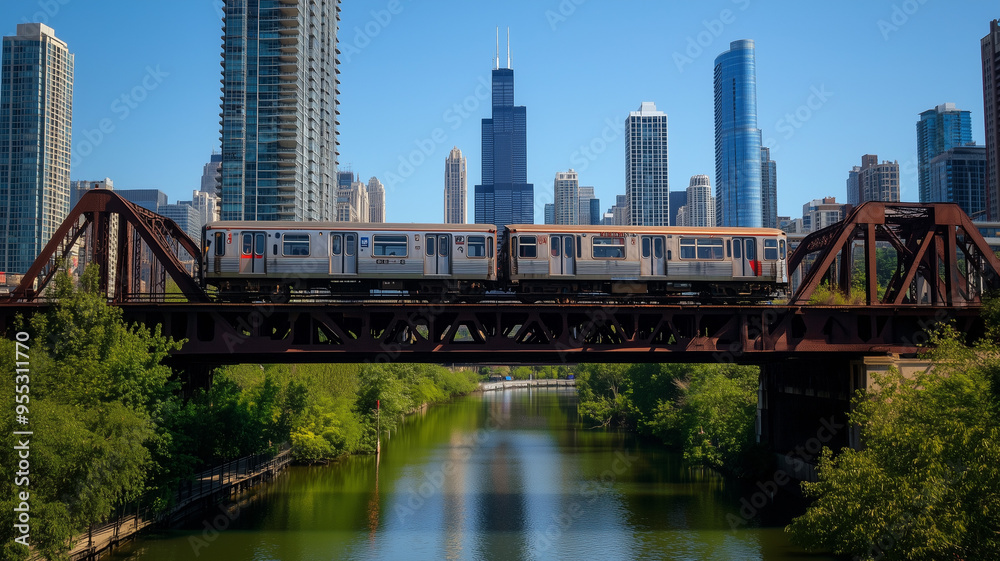 Obraz premium The view of a train passing over a bridge in Chicago during a clear day, with the city’s high-rise buildings and river creating a vibrant and lively urban scene. Ai generated