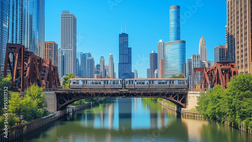 The view of a train passing over a bridge in Chicago during a clear day, with the city’s high-rise buildings and river creating a vibrant and lively urban scene. Ai generated