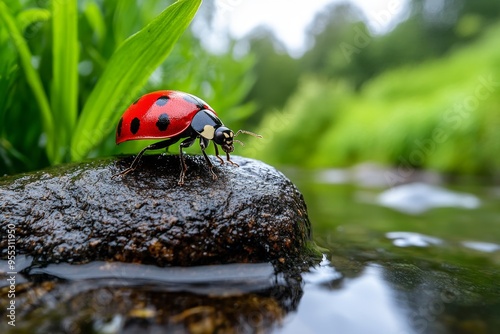 Ladybugs, by the riverbank, exploring the undergrowth find new adventures in the natural world photo