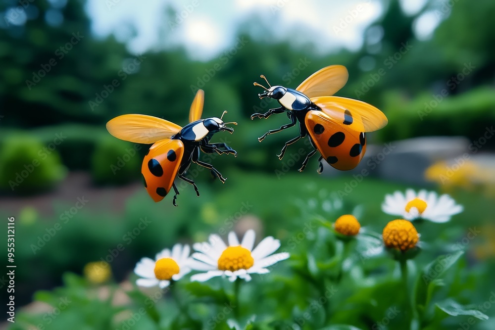 Ladybugs, fluttering wings, taking flight bring a moment of joy as they lift into the air Ladybugs, fluttering wings, taking flight bring a moment of joy as they lift into the air