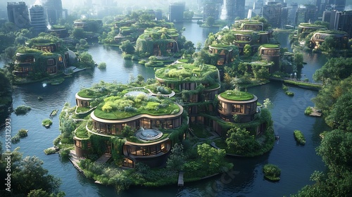 Illustration of aerial view of a futuristic utopian city featuring green rooftops renewable energy sources and waterways