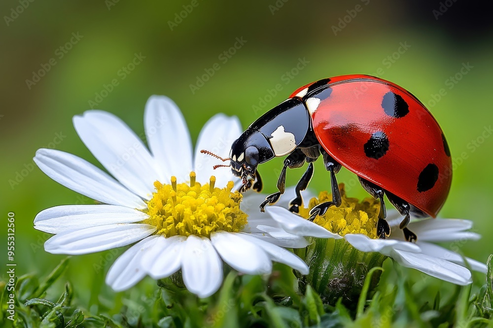 Naklejka premium Ladybugs, in a meadow, surrounded by wildflowers add to the beauty of a natural landscape