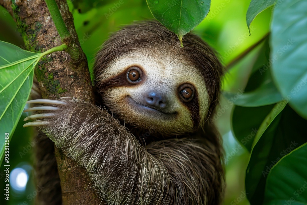 Close-up portrait of a sloth in a rainforest tree. Close-up portrait of a sloth in a rainforest tree.