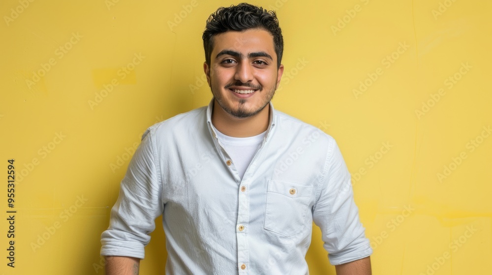 Smiling young man in casual white shirt against yellow background