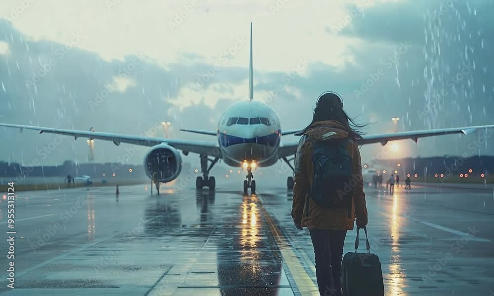 Female traveler approaching aircraft in rain video animation. Solitary woman suitcase carrying toward airplane animated footage HD clip seamless motion graphics. Boarding plane concept