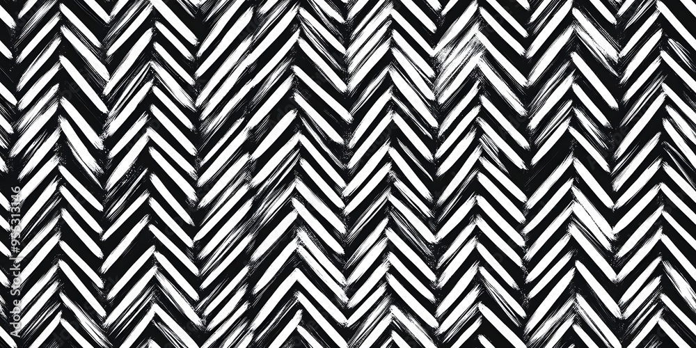 Seamless boho chic abstract hand drawn striped herringbone pattern. Monochrome bold black and white chevron paint strokes motif background texture in a trendy painterly scribble doodle line art style.