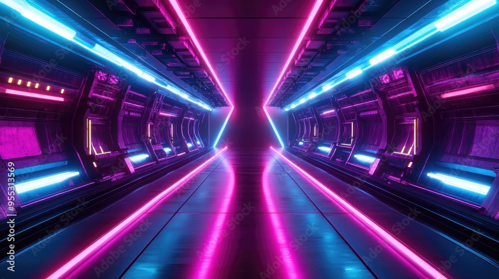 Neon glowing lines create a sci fi atmosphere in a dark tunnel with reflections on the floor and ceiling and an empty central space Futuristic 3D rendering with abstract lighting effects Neon glowing lines create a sci fi atmosphere in a dark tunnel with reflections on the floor and ceiling and an empty central space Futuristic 3D rendering with abstract lighting effects