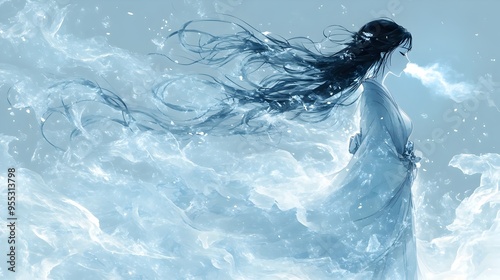 Yuki-onna,the Icy Spirit of Japanese Mythology Amidst Frozen Clouds