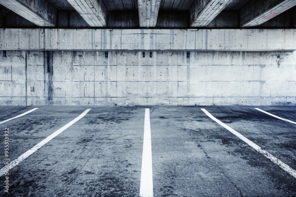 Fototapeta premium Empty urban parking lot with concrete structure and marked spaces