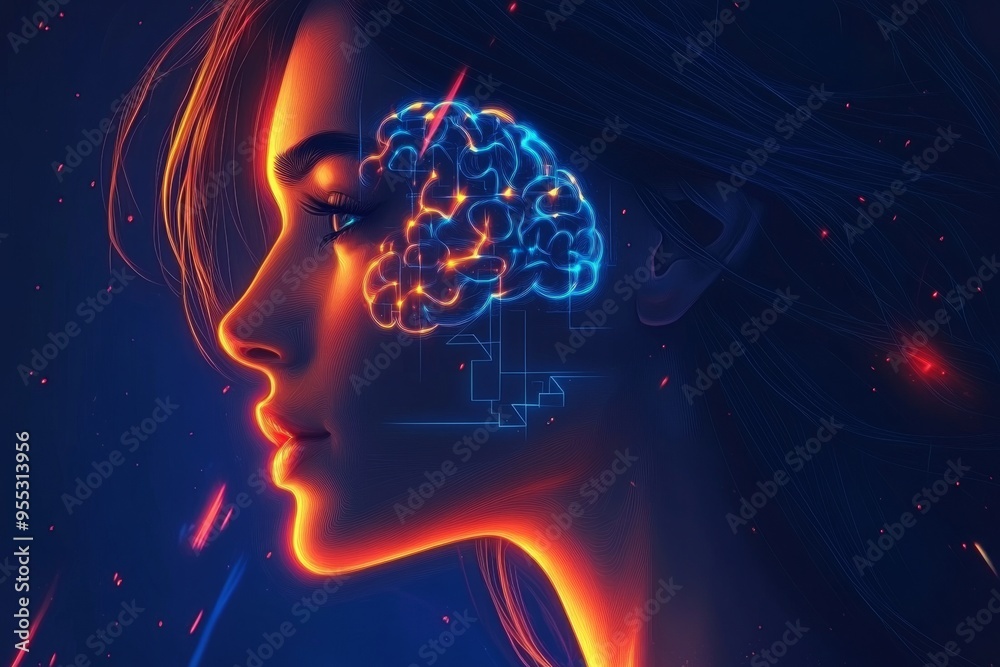 Psychopharmacology Neuroimaging Neon lit side profile of a woman with glowing brain circuits symbolizing the electrifying power of thought and innovation