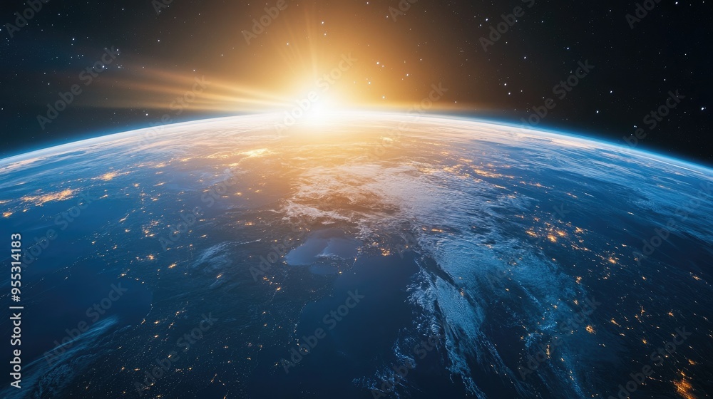 A majestic view of Earth from orbit at sunrise, with a soft blue light illuminating the planet.