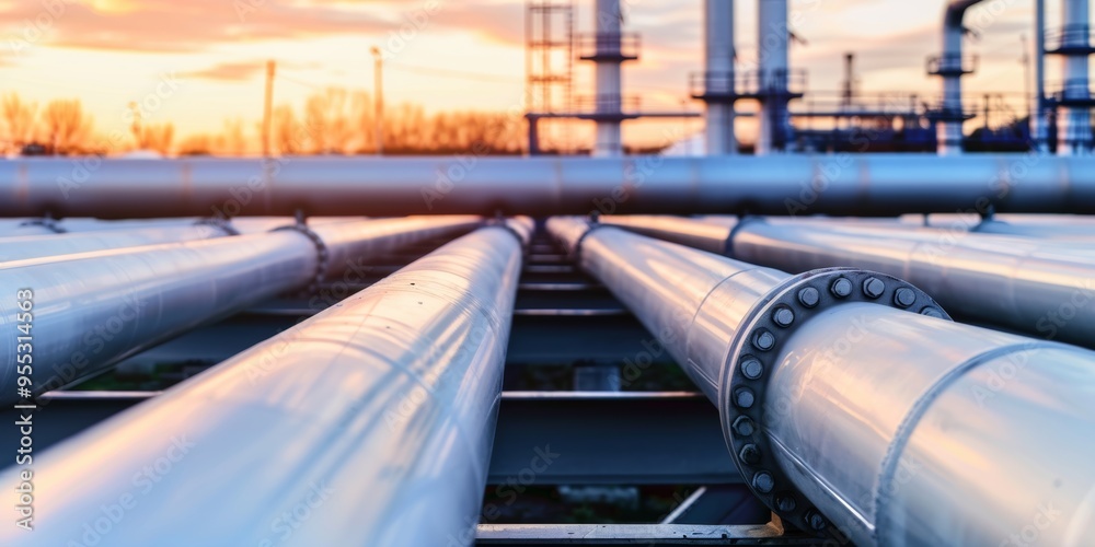 Industrial pipelines at sunset with chemical plant background Industrial pipelines at sunset with chemical plant background
