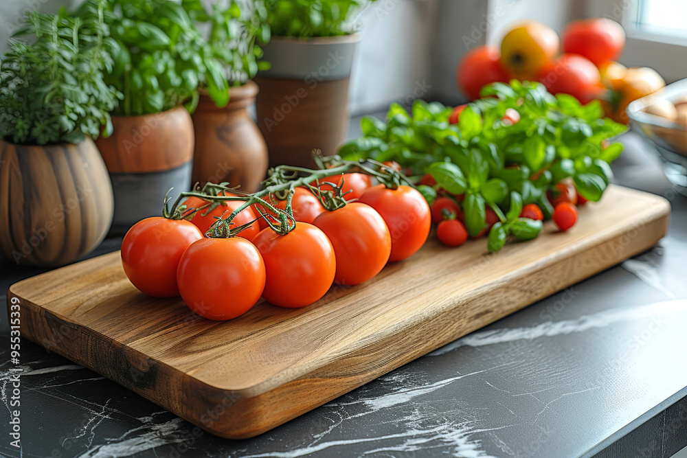 Wooden cutting board with a bunch of tomatoes and basil on it Wooden cutting board with a bunch of tomatoes and basil on it