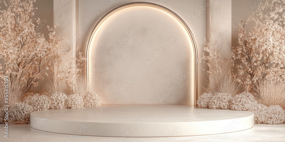 Elegant display podium set against a soft textured background featuring metallic elements and illuminated design in 3D illustration Elegant display podium set against a soft textured background featuring metallic elements and illuminated design in 3D illustration