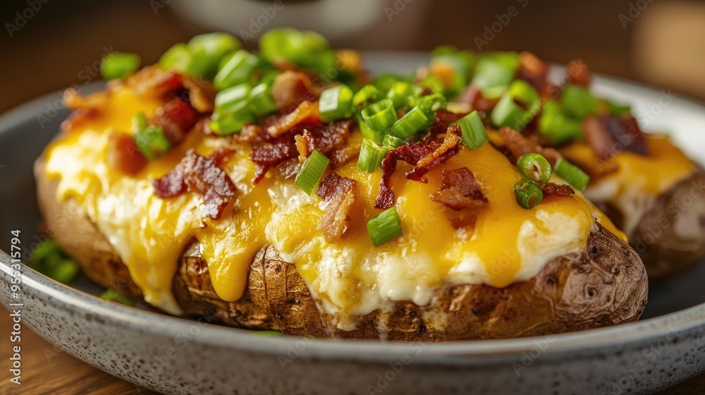 A plate of baked potatoes topped with melted cheese, bacon bits, and green onions, photographed in close-up to emphasize the textures. A plate of baked potatoes topped with melted cheese, bacon bits, and green onions, photographed in close-up to emphasize the textures.