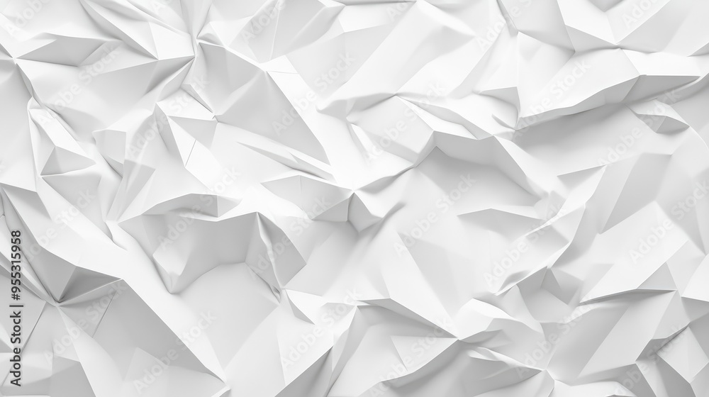 White abstract backdrop featuring a low poly design and crumpled paper texture in a 3D representation White abstract backdrop featuring a low poly design and crumpled paper texture in a 3D representation