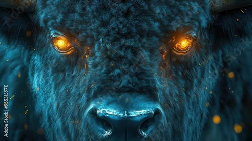 futuristic closeup of robotic bison blend of mechanical and organic elements glowing eyes metallic sheen on furlike texture scifi evolution concept photo