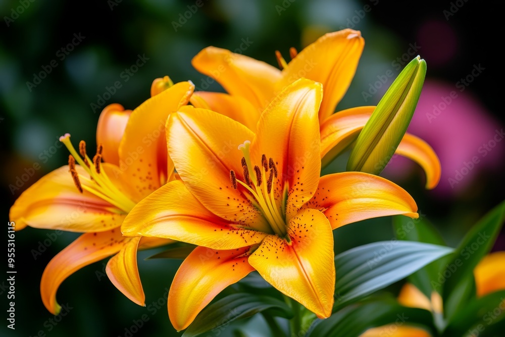 Obraz premium Lilies, in full bloom, vibrant colors brighten gardens with their bold, striking beauty