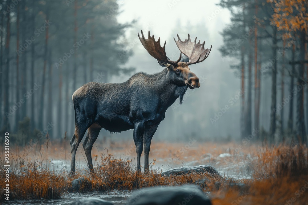 A Moose Stands Tall in a Misty Forest A Moose Stands Tall in a Misty Forest