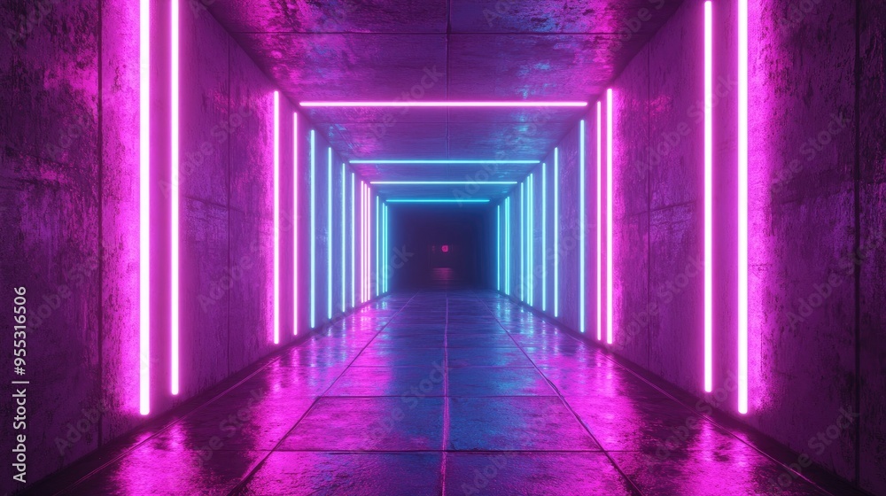 Neon Glowing Retro Modern Synthwave Tunnel with Purple and Blue Vibrant Lights Featuring Grunge Concrete Background in a 3D Rendered Illustration Neon Glowing Retro Modern Synthwave Tunnel with Purple and Blue Vibrant Lights Featuring Grunge Concrete Background in a 3D Rendered Illustration