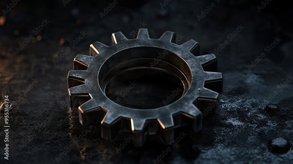 A single 3D gear floating in a dark void, with metallic textures and sharp edges, symbolizing mechanical precision. A single 3D gear floating in a dark void, with metallic textures and sharp edges, symbolizing mechanical precision.
