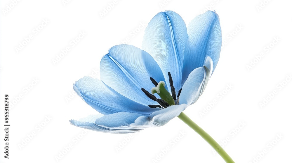 Fototapeta premium A single blue tulip flower isolated against a clean white background, with vivid colors.