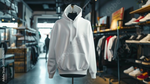 mockup of a white sweatshirt hanging on a mannequin in a clothing store