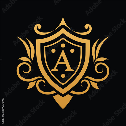 Luxurious golden monogram vector with shield and filigree for high-end branding design.