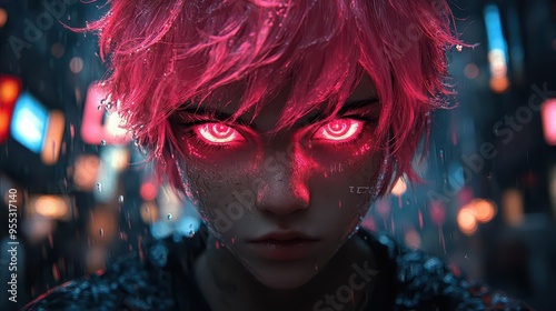 futuristic cyberpunk portrait of pinkhaired anime boy with glowing oni mask neon accents and holographic elements create a dynamic hightech atmosphere photo