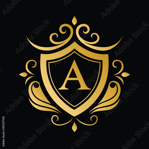 Luxurious golden monogram vector with shield and filigree for high-end branding design.