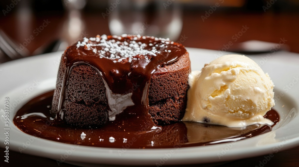 A warm chocolate lava cake with a perfectly molten core, accompanied by a scoop of vanilla ice cream. A warm chocolate lava cake with a perfectly molten core, accompanied by a scoop of vanilla ice cream.