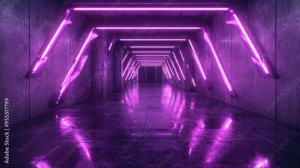Futuristic corridor featuring arrow shaped neon lights in vibrant purple set against a dark grunge concrete backdrop creating a reflective virtual stage for a sci fi scene 3D rendering illustratio Futuristic corridor featuring arrow shaped neon lights in vibrant purple set against a dark grunge concrete backdrop creating a reflective virtual stage for a sci fi scene 3D rendering illustratio